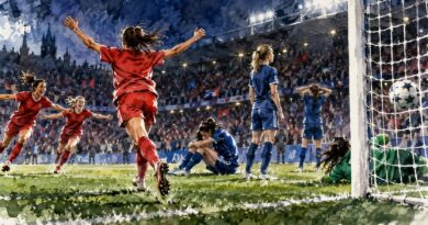Editorial illustration of women footballers reacting to a late goal in a floodlit stadium