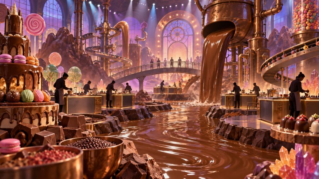 Editorial illustration of an imaginative candy factory with a chocolate river and anonymous contestants