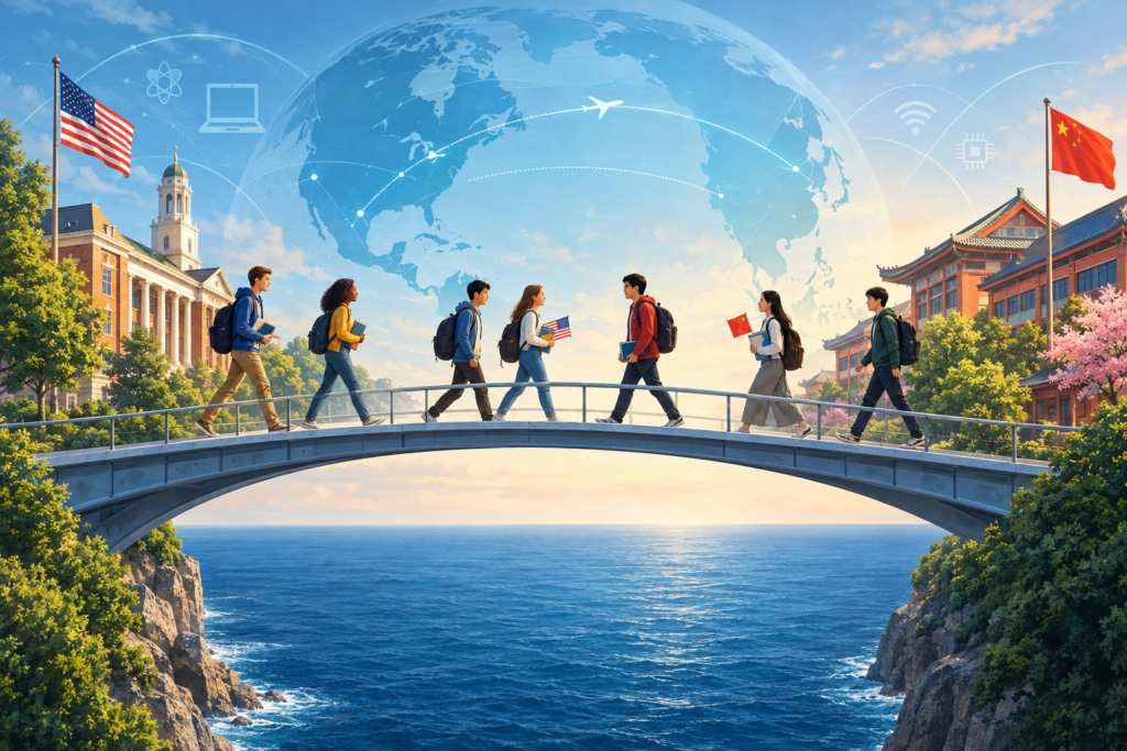 Conceptual illustration of young American and Chinese students crossing a bridge between university campuses across the Pacific.