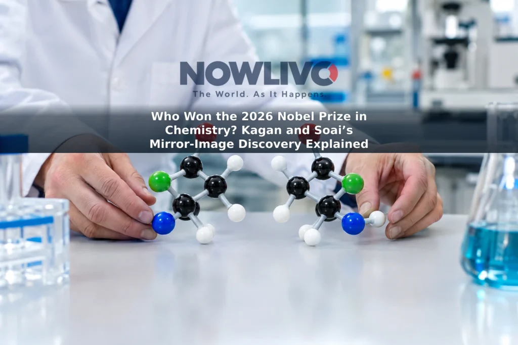 A researcher’s hands compare two mirror-image molecular models on a laboratory bench.