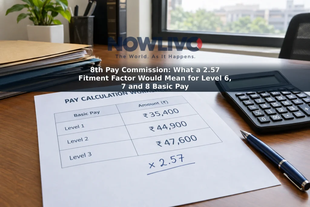Illustrative pay calculations and a calculator on an office desk.
