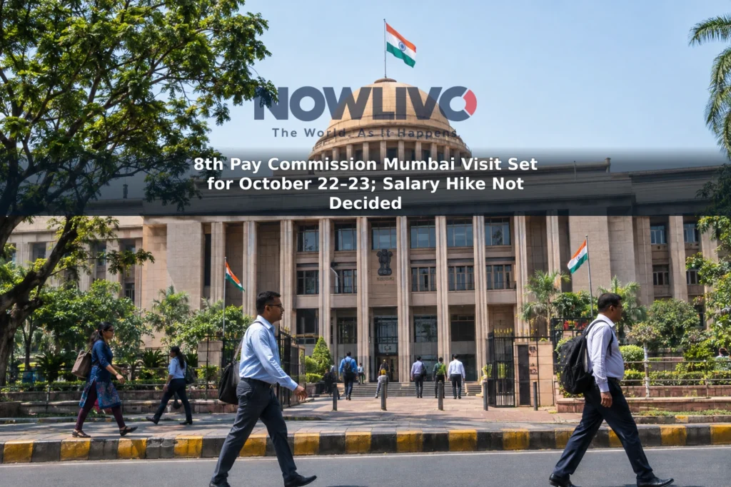 Office workers outside a government building in Mumbai