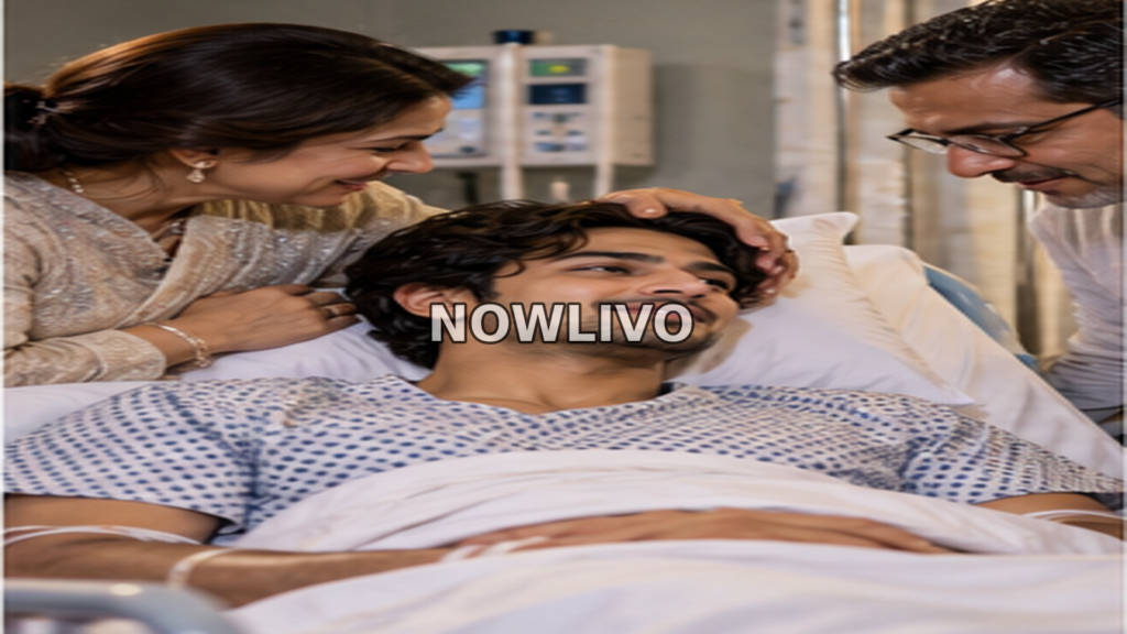 Young male actor figure resting in a hospital bed while family members comfort him.