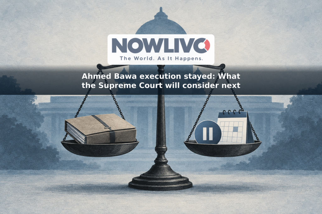 Illustration of a courthouse, scales, a case file and a pause symbol representing a stay of execution during court review.