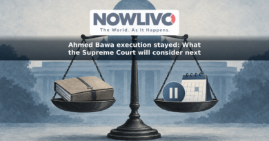 Illustration of a courthouse, scales, a case file and a pause symbol representing a stay of execution during court review.