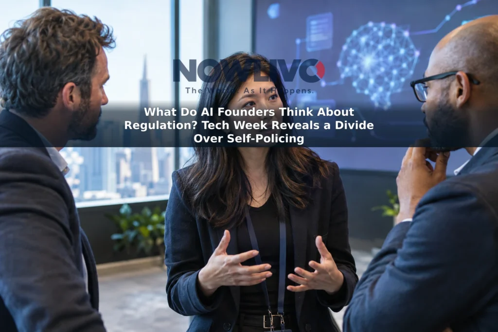 Illustrative scene of a startup founder and investors discussing AI at a technology conference.