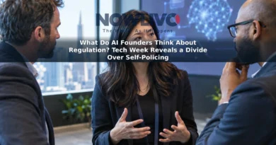 Illustrative scene of a startup founder and investors discussing AI at a technology conference.