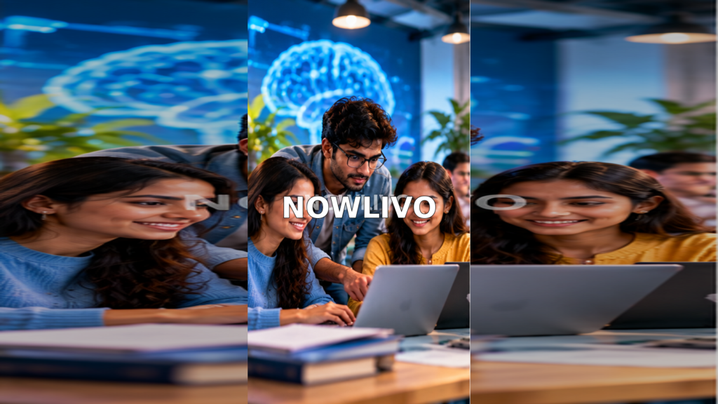 Young professionals collaborating around a laptop with an abstract artificial intelligence display