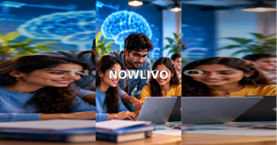 Young professionals collaborating around a laptop with an abstract artificial intelligence display