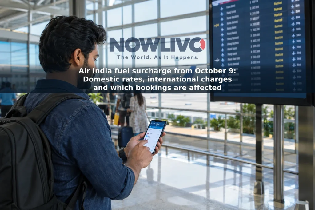 Traveler checking flight prices on a phone in an airport terminal, with an aircraft visible outside.
