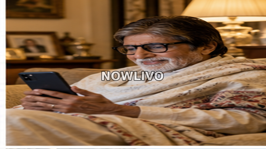 Veteran actor figure in glasses and a shawl sitting comfortably at home while looking at a smartphone.