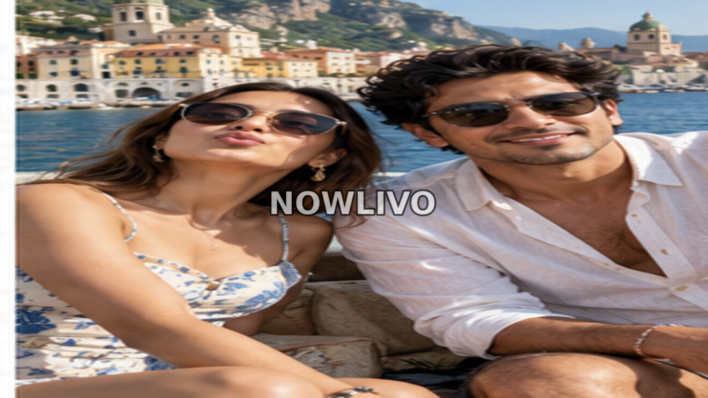 Young celebrity-style couple posing on a sunny European-style waterfront and taking a playful selfie.