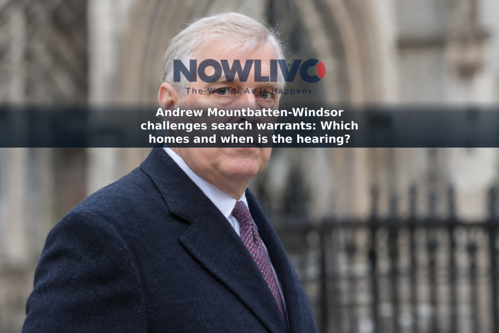 Editorial-style portrait of Andrew Mountbatten-Windsor against a blurred courthouse backdrop.
