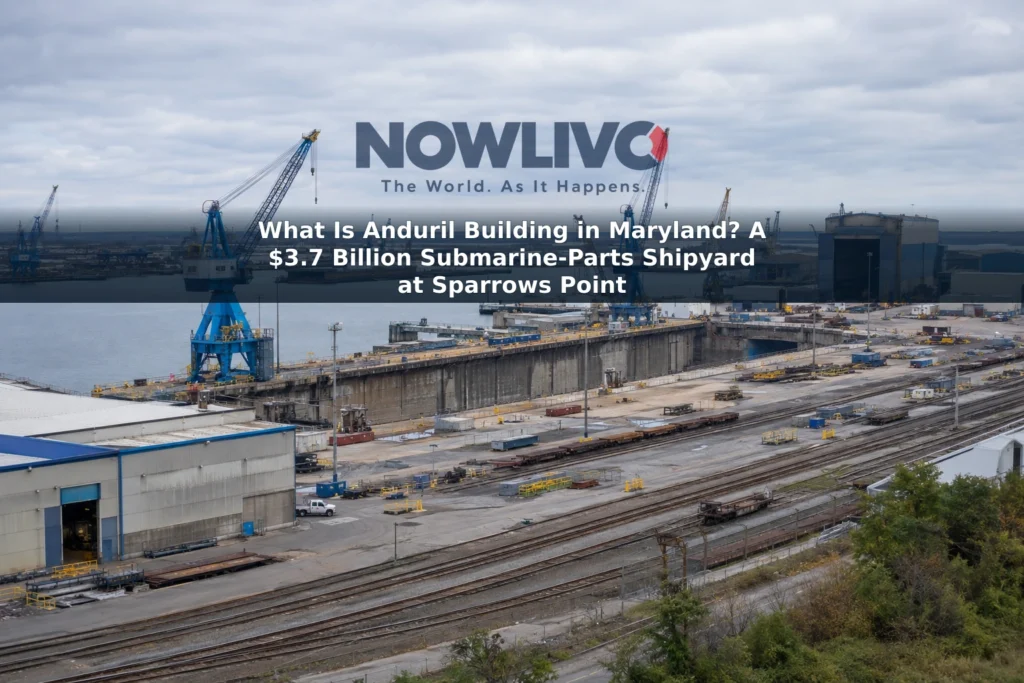 Editorial-style view of an industrial waterfront shipyard with cranes and fabrication buildings at Sparrows Point, Maryland.