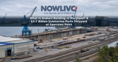 Editorial-style view of an industrial waterfront shipyard with cranes and fabrication buildings at Sparrows Point, Maryland.