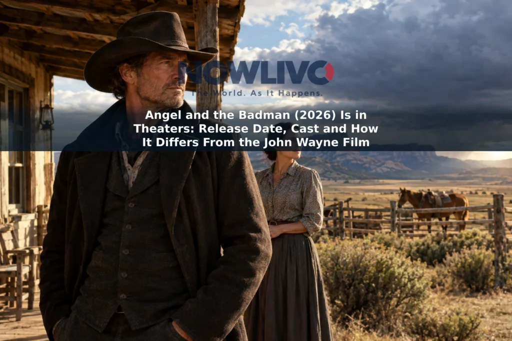 Illustrated Western ranch scene with a cowboy and a woman beneath a dramatic sky.