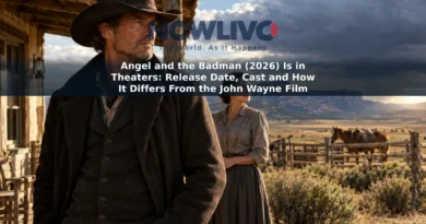Illustrated Western ranch scene with a cowboy and a woman beneath a dramatic sky.