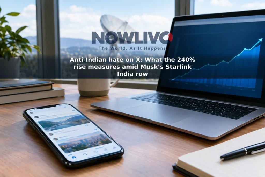 A phone with a generic social-media feed beside a laptop showing an upward-trending chart, with a satellite dish in the background.
