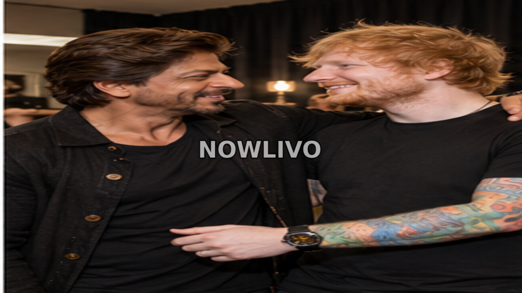 Indian actor warmly greeting a famous Western musician backstage in a softly lit room.