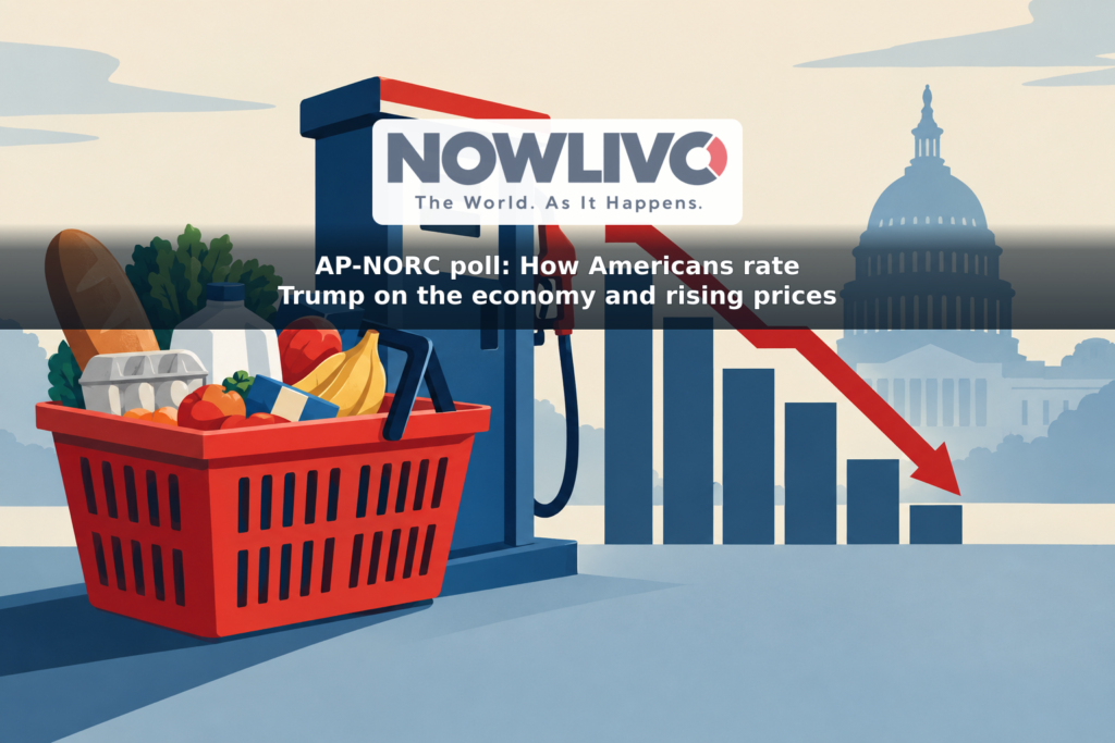 Illustration of a grocery basket and gas pump beside a declining approval chart, with the U.S. Capitol in the background.