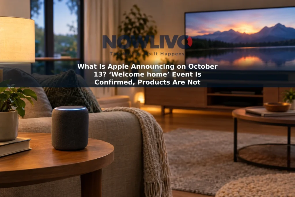 Warmly lit living room with a compact smart speaker beside a television.
