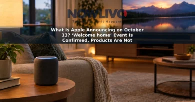 Warmly lit living room with a compact smart speaker beside a television.