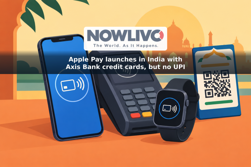Illustration of a phone and watch beside a contactless card terminal, with a separate QR-payment symbol in the background.