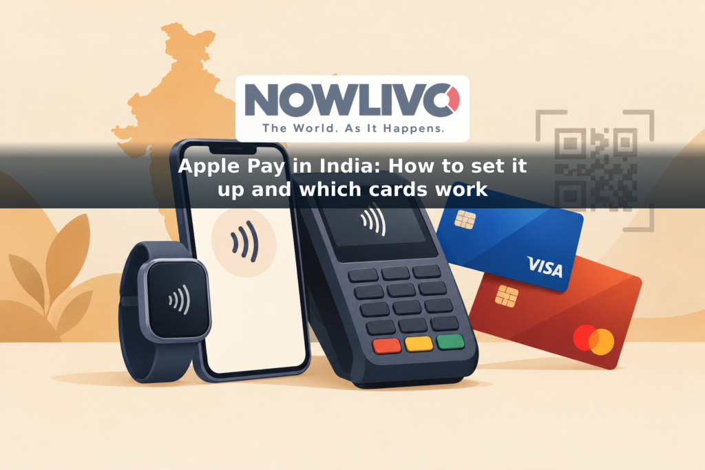 Illustration of a phone and smartwatch near a contactless terminal, representing eligible credit-card payments in India.