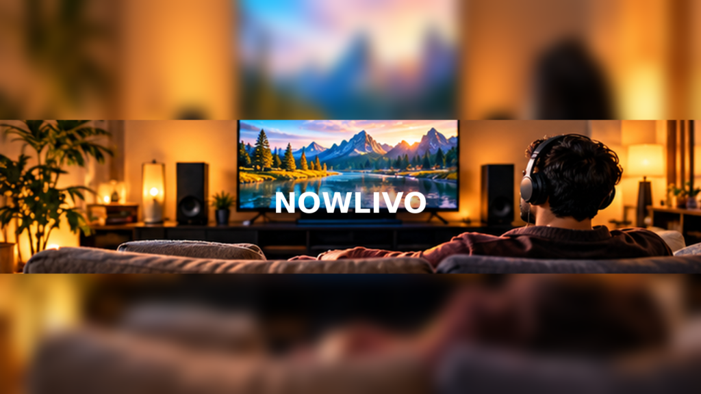 Home listener facing a large television and speakers with a centered NOWLIVO watermark