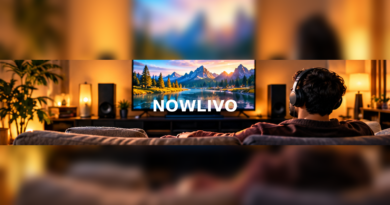 Home listener facing a large television and speakers with a centered NOWLIVO watermark