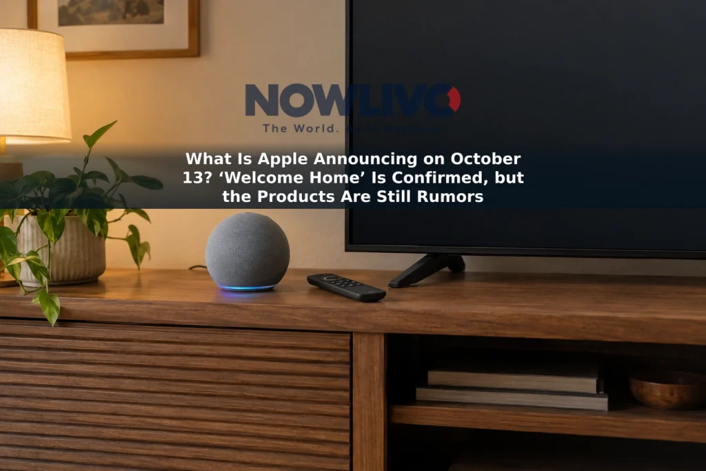 A smart speaker and streaming-device remote on a living room console beside a blank television.