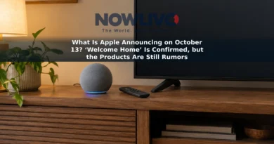 A smart speaker and streaming-device remote on a living room console beside a blank television.