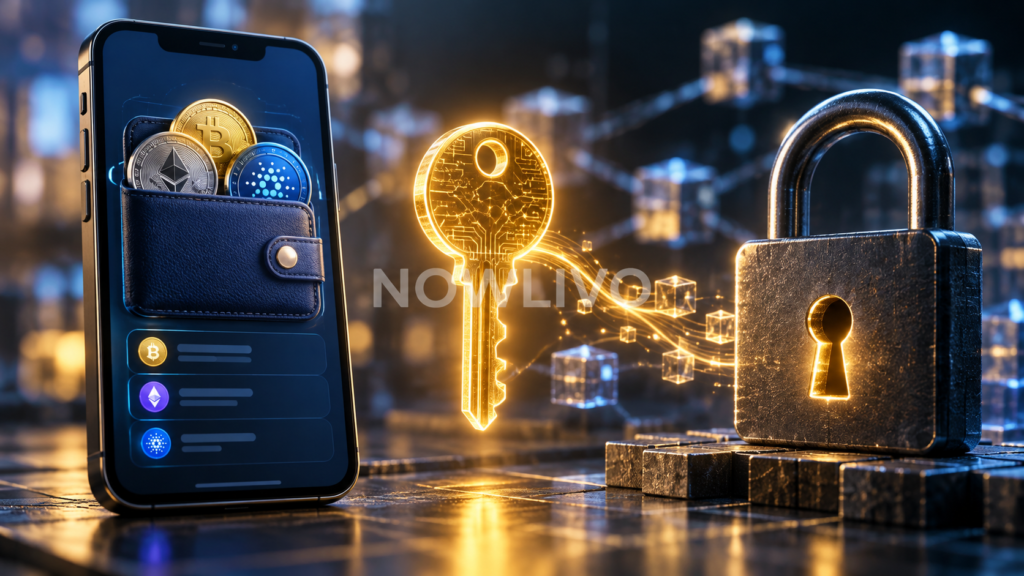 Illustrated crypto wallet, glowing key and padlock