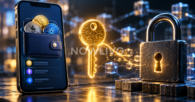 Illustrated crypto wallet, glowing key and padlock