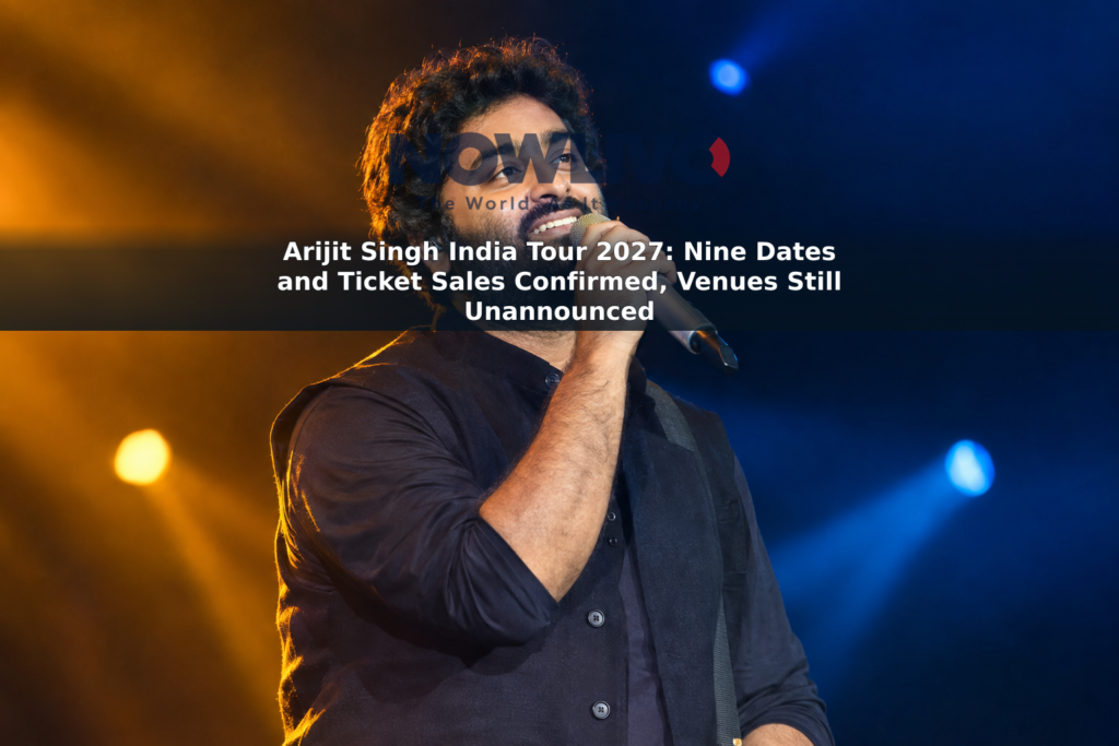 Illustrative concert portrait of Arijit Singh singing into a microphone under stage lighting.