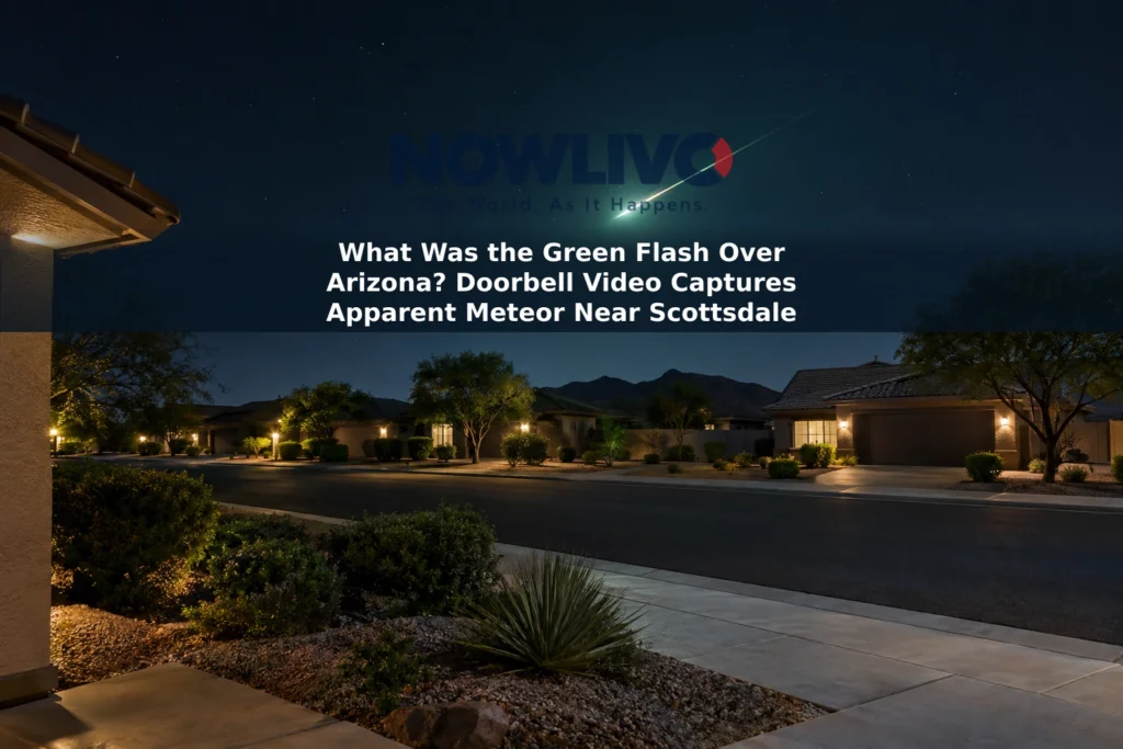 Artist’s depiction of a green-white meteor streak above an Arizona residential street at night.