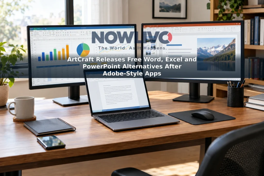 Desktop screens showing a word processor, spreadsheet and presentation editor in a home office