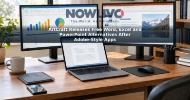 Desktop screens showing a word processor, spreadsheet and presentation editor in a home office