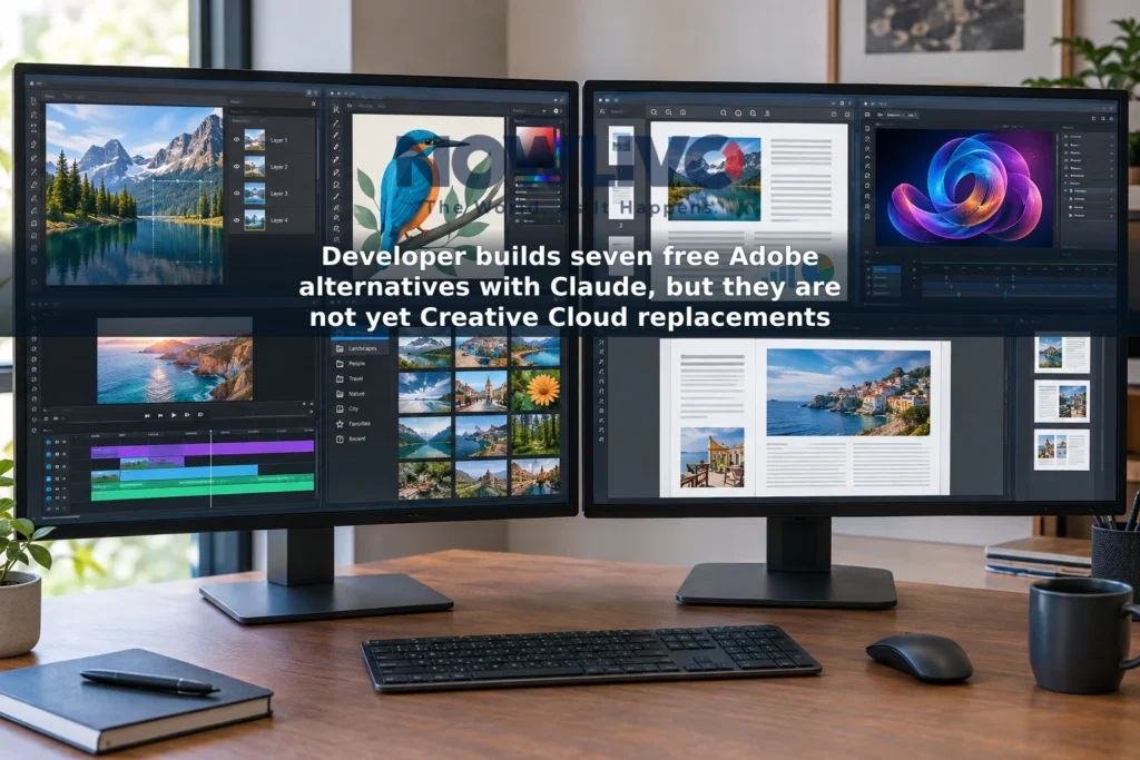 Illustrative desktop workspace showing seven types of creative software, including photo, video, vector, PDF and page-layout tools.