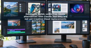 Illustrative desktop workspace showing seven types of creative software, including photo, video, vector, PDF and page-layout tools.