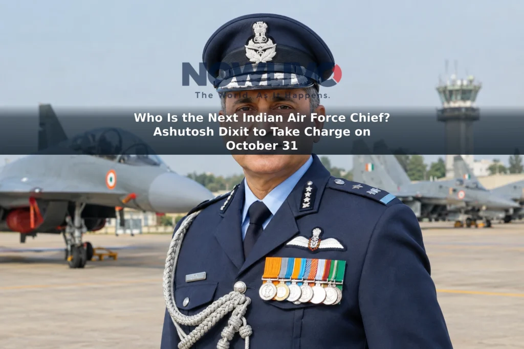Editorial illustration of Air Marshal Ashutosh Dixit in uniform against an airfield background