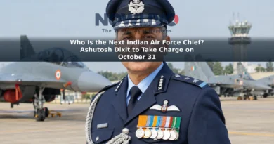 Editorial illustration of Air Marshal Ashutosh Dixit in uniform against an airfield background