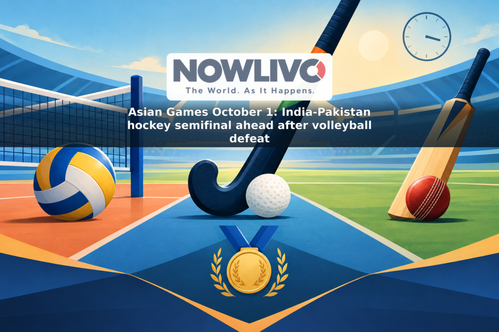 Illustration of hockey, volleyball and cricket equipment arranged around a clock and medal motif for an Asian Games schedule story.