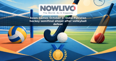 Illustration of hockey, volleyball and cricket equipment arranged around a clock and medal motif for an Asian Games schedule story.