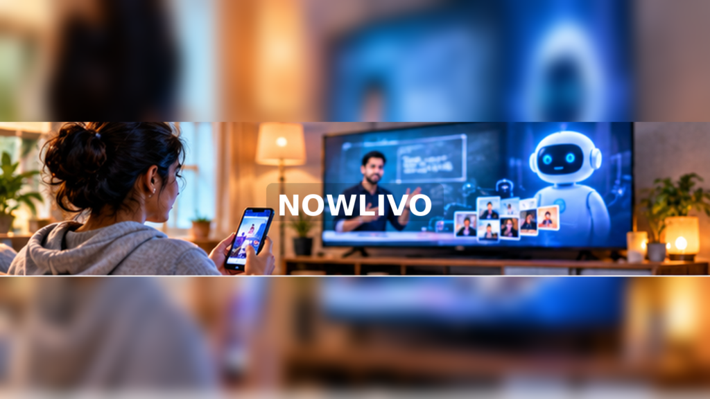Woman exploring videos and AI recommendations on a TV and phone with a centered NOWLIVO watermark