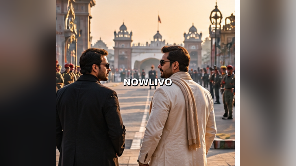 Editorial illustration of visitors at a ceremonial India border setting