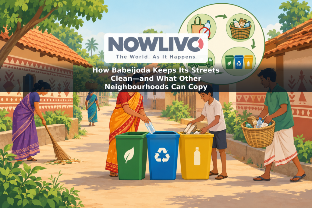 Illustration of neighbours sweeping a village lane, using separate waste bins and organising collection.