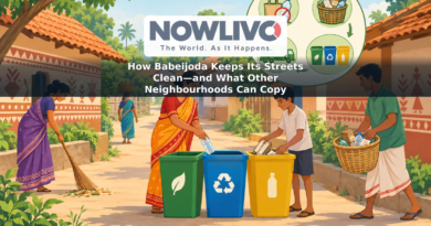 Illustration of neighbours sweeping a village lane, using separate waste bins and organising collection.