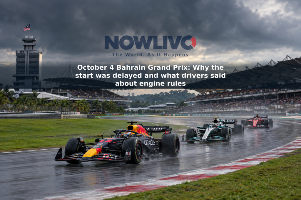 A Red Bull Formula 1 car leads a Mercedes and a Ferrari on a damp track at Sepang beneath clearing rain clouds.