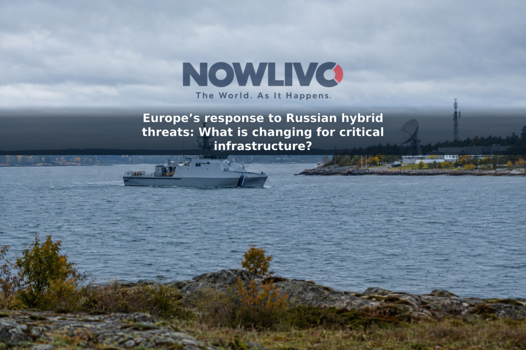 Naval patrol ship offshore near a coastal communications facility on an overcast Baltic Sea day.